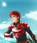  armor blood blood_on_face cloud cossus day fire_emblem fire_emblem:_souen_no_kiseki gauntlets gloves kieran male_focus red_armor red_eyes red_hair sky solo 
