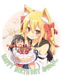  2girls animal_ears bandana bell birthday_cake black_hair blonde_hair blush borrowed_character bow brown_eyes cake candle commentary_request dated detached_sleeves eighth_note food fork fox_ears fruit grin hair_bell hair_bow hair_ornament hairpin happy_birthday long_hair multiple_girls musical_note neneko-n original red_eyes smile spoken_musical_note strawberry sweatdrop two_side_up 