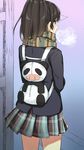  backpack bad_id bad_pixiv_id bag black_hair cccpo long_sleeves original panda ponytail scarf school_uniform skirt solo visible_air 