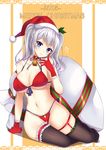  2015 arm_support bikini black_legwear blue_eyes breasts christmas cleavage front-tie_top hasu_(velicia) hat highres kantai_collection kashima_(kantai_collection) large_breasts long_hair looking_at_viewer merry_christmas navel sack santa_costume santa_hat shiny shiny_skin side-tie_bikini silver_hair skindentation smile solo swimsuit thighhighs twintails wavy_hair 