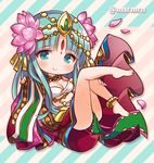  anklet bangs bare_legs barefoot blue_eyes blue_hair blunt_bangs chibi circlet diagonal_stripes flower hair_flower hair_ornament jewelry lying marshmallow_mille on_back parvati_(p&amp;d) petals puzzle_&amp;_dragons smile solo striped striped_background twitter_username 