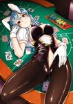  animal_ears black_legwear blue_eyes blue_hair blush breasts bunny_ears bunny_girl bunnysuit card cleavage detached_collar fake_animal_ears gloves granblue_fantasy gustav_(telomere_na) highres large_breasts long_hair looking_at_viewer lying navel on_back pantyhose playing_card poker_chip poker_table pussy_peek solo therese_(granblue_fantasy) unzipped white_gloves zipper 