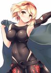  arm_up armpits ass_visible_through_thighs bangs bare_shoulders belt blonde_hair blush breasts breasts_apart closed_mouth covered_navel cowboy_shot djeeta_(granblue_fantasy) earrings elbow_gloves gloves granblue_fantasy groin gunslinger_(granblue_fantasy) hair_ribbon hairband hand_up head_tilt hip_vent holding holding_jacket holster impossible_clothes impossible_leotard iroha_(unyun) jacket jacket_over_shoulder jacket_removed jewelry large_breasts leotard light_smile looking_at_viewer outstretched_arm over_shoulder pants parted_bangs ribbon shiny shiny_clothes short_hair simple_background single_elbow_glove single_glove skin_tight solo spandex standing thigh_gap white_background yellow_eyes 
