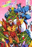  antlers autobot christmas christmas_lights christmas_ornaments christmas_tree gift hat highres insignia merry_christmas multiple_boys reindeer_antlers rodimus santa_hat scarf tack_(dnet) tailgate text_focus transformers ultra_magnus 
