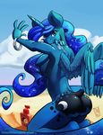  2015 anthro anthrofied beach blue_eyes blue_hair bracelet butt cloud cutie_mark equine feathered_wings feathers female friendship_is_magic hair horn jewelry kneeling long_hair looking_at_viewer mammal my_little_pony nude outside patreon princess_luna_(mlp) seaside smile solo winged_unicorn wings zwitterkitsune 
