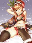  abo_(hechouchou) aqua_eyes bare_shoulders brown_hair brown_legwear cape clarisse_(granblue_fantasy) gloves granblue_fantasy green_eyes hat highres long_hair looking_at_viewer navel one_eye_closed panties ponytail red_panties santa_hat snow snow_on_body snow_on_head snowing solo spread_legs thighhighs tongue tongue_out underwear 