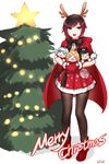  1girl antlers black_hair blake_belladonna boots bow cape character_doll christmas christmas_tree dress grey_eyes highres hood merry_christmas multicolored_hair ndgd_(bean1215) pantyhose red_hair ruby_rose rwby short_hair skirt solo stuffed_toy weiss_schnee yang_xiao_long 