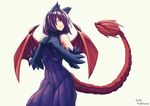  animal_ears bare_shoulders clenched_hands commentary dated dress fur hair_over_one_eye light_smile long_hair looking_to_the_side low_twintails lutherniel manticore_(monster_girl_encyclopedia) monster_girl monster_girl_encyclopedia paws prehensile_tail purple_hair red_wings reri_(elh) ribbed_dress signature simple_background sleeveless sleeveless_dress solo tail tail_raised twintails white_background wings yellow_eyes 