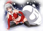  alternate_costume breasts cleavage detached_sleeves hat heart heart-shaped_pupils huge_breasts in_container in_sack long_hair lyrical_nanoha mahou_shoujo_lyrical_nanoha mahou_shoujo_lyrical_nanoha_a's midriff red_eyes reinforce sack santa_costume santa_hat silver_hair solo struggling symbol-shaped_pupils thighhighs translation_request zerosu_(take_out) 