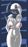  2015 absol anthro breasts canine female fur hair looking_at_viewer mammal nintendo nipples nude pok&eacute;mon pussy red_eyes simple_background solo video_games virate-chip white_fur 