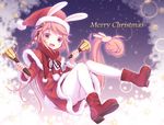  animal_ears bell blush boots bunny_ears bunny_tail christmas crescent crescent_hair_ornament hair_ornament hat irigoma_(jikabi_baisen) kantai_collection long_hair open_mouth pantyhose pink_hair red_eyes santa_costume santa_hat smile solo tail uzuki_(kantai_collection) white_legwear 