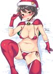  2015 artist_name bare_arms bell bikini black_hair blush breasts brown_hair capelet christmas cleavage collarbone dated gloves groin hat heart heart-shaped_pupils highres imazon large_breasts looking_at_viewer micro_bikini navel open_mouth original red_capelet red_gloves saliva santa_costume santa_hat short_hair snow solo sweatdrop swimsuit symbol-shaped_pupils thighhighs tongue tongue_out twitter_username v_over_eye 