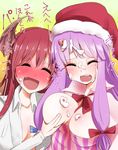  blush breast_grab breasts cleavage closed_eyes collarbone commentary_request demon_girl demon_tail dress fang food food_on_body food_on_face grabbing hair_ribbon hat head_wings highres koakuma large_breasts long_hair long_sleeves multiple_girls open_clothes open_mouth open_shirt partially_translated patchouli_knowledge purple_hair red_hair ribbon santa_hat shirt smile striped striped_dress tail takorice touhou translation_request tress_ribbon upper_body very_long_hair yuri 