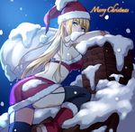  bangs bare_back blonde_hair blue_eyes blue_panties bobblehat boots breasts brick carrying_over_shoulder chimney christmas detached_collar elbow_gloves fur-trimmed_boots fur_collar fur_trim garter_straps gloves hat long_hair looking_at_viewer medium_breasts merry_christmas original over_shoulder panties purple_panties red_footwear red_gloves rooftop sack santa_boots santa_costume santa_hat sideboob snow snowflakes snowing solo strapless thighhighs thighs tonee underwear very_long_hair 