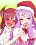  blush breast_grab breasts cleavage closed_eyes collarbone demon_girl demon_tail dress fang food food_on_body food_on_face grabbing hair_ribbon hat head_wings highres koakuma large_breasts long_hair long_sleeves multiple_girls open_clothes open_mouth open_shirt patchouli_knowledge purple_hair red_hair ribbon santa_hat shirt smile striped striped_dress tail takorice textless touhou tress_ribbon upper_body very_long_hair yuri 