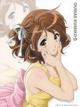  brown_eyes brown_hair character_name dress hair_ribbon hands_on_own_cheeks hands_on_own_face hibike!_euphonium highres ikeda_shouko official_art oumae_kumiko ribbon solo yellow_dress zoom_layer 
