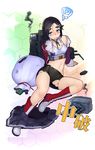 alternate_costume bag belt bike_shorts black_hair blue_eyes blush boots box bra breasts broken commentary_request eyebrows gift gift_box hair_ornament hairclip kantai_collection knee_boots kuroshio_(kantai_collection) long_sleeves machinery midriff navel pleated_skirt sack short_hair shorts sitting skirt skirt_around_one_leg skirt_removed small_breasts solo star taketora_suzume thick_eyebrows torn_clothes torn_shorts torpedo underwear 