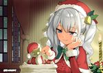  bell blue_eyes blush cake christmas commentary_request food hair_bell hair_ornament hat highres kantai_collection kashima_(kantai_collection) long_hair naitou_ryuu santa_costume santa_hat silver_hair smile solo t-head_admiral tsurime twintails wavy_hair 