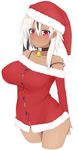  absol bell bell_collar black_hair blush breasts christmas collar dark_skin gen_3_pokemon hat highres large_breasts long_hair looking_at_viewer multicolored_hair natsuki_straight navel open_mouth personification pokemon red_eyes santa_costume santa_hat side_ponytail simple_background solo tail white_background white_hair 
