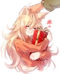  ^_^ absurdres animal_ears blonde_hair blush_stickers closed_eyes closed_mouth commentary_request deluxe&lt;&lt;&lt; gift hand_on_another's_head heart highres long_hair orange_sweater original petting ribbed_sweater simple_background smile solo_focus sweater white_background 