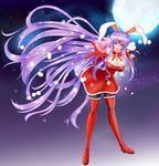  absurdly_long_hair animal_ears bell black_legwear blush boots breasts bunny_ears carrying_over_shoulder cleavage collarbone floating_hair full_body full_moon fur-trimmed_boots fur_trim gloves heart highres kou_(inaba) large_breasts long_hair moon open_mouth outstretched_arm over_shoulder pantyhose purple_hair red_eyes red_footwear red_gloves red_legwear reisen_udongein_inaba sack santa_boots santa_costume santa_gloves solo standing thigh_boots thighhighs touhou very_long_hair 