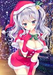 blue_eyes blush breasts christmas cleavage commentary gloves hat highres kantai_collection kashima_(kantai_collection) kimishima_ao large_breasts long_hair looking_at_viewer open_mouth red_gloves santa_costume santa_hat silver_hair smile solo tsurime twintails wavy_hair 