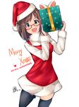  :d animal_ears black_legwear blush brown_hair character_name commentary_request dated fang glasses green_eyes hat highres idolmaster idolmaster_cinderella_girls looking_at_viewer maekawa_miku merry_christmas mistrail open_mouth red-framed_eyewear santa_costume santa_hat short_hair smile solo thighhighs 