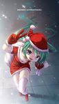  arm_up christmas downblouse full_body gloves green_eyes green_hair hat hatsune_miku highres leaning_forward long_hair merry_christmas open_mouth sack santa_costume santa_hat shiragi snow solo thighhighs twintails v vocaloid 