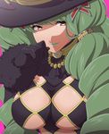  black_gloves breasts brown_eyes choker fiore_brunelli gloves green_hair green_lipstick huge_breasts lipstick long_hair makeup may0ray0 pink_background revealing_clothes smile solo star_ocean star_ocean_integrity_and_faithlessness twintails upper_body 