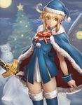 ahoge artoria_pendragon_(all) bauble blonde_hair blue_cape blue_dress blue_santa_costume bobblehat bow bowtie breasts building cape choker christmas_tree cloud cloudy_sky collarbone covered_nipples dress fate/grand_order fate/stay_night fate_(series) fur_trim green_eyes hat holding holding_sword holding_weapon house light nekoarc no_legwear outdoors red_bow red_neckwear saber santa_costume santa_hat sky small_breasts snow snowman solo sowel_(sk3) sword weapon wrist_cuffs 