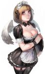  aoin blonde_hair borrowed_character breasts brown_eyes cleavage garter_straps highres large_breasts maid maid_headdress original short_hair skirt solo thighhighs tray wings wrist_cuffs 