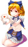  absurdres blonde_hair bow djeeta_(granblue_fantasy) gloves granblue_fantasy hair_bow heart heart_hands highres honya_(maho_a) kimi_to_boku_no_mirai looking_at_viewer pleated_skirt puffy_short_sleeves puffy_sleeves red_eyes ribbon short_hair short_sleeves simple_background sitting skirt solo tongue tongue_out white_background white_gloves 