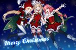  1girl 1other :d androgynous astolfo_(fate) belt blonde_hair blue_eyes bow braid cape capelet chevalier_d'eon_(fate/grand_order) christmas crossdressing dress drill_hair fate/apocrypha fate/grand_order fate_(series) fur_trim garter_straps gloves hair_bow hat long_hair marie_antoinette_(fate/grand_order) merry_christmas multiple_girls open_mouth otoko_no_ko pink_eyes pink_hair red_eyes santa_costume silver_hair single_braid smile thighhighs twin_drills ycco_(estrella) zettai_ryouiki 