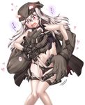  black_panties blush cameltoe collar destroyer_water_oni gloves hase_yu heart kantai_collection long_hair navel open_mouth pale_skin panties red_eyes shinkaisei-kan simple_background solo tears thigh_strap torn_clothes translated underwear white_background white_hair 