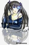  artist_name black_hair black_rock_shooter black_rock_shooter_(character) blue_eyes breasts burning_eye character_name cleavage highres long_hair medium_breasts naemperor solo twintails 