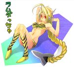  ahoge animal_print bikini blazblue blonde_hair braid cosplay hair_weapon lambda-11 long_hair lum lum_(cosplay) lying noran orange_eyes red_eyes solo swimsuit tiger_print translated urusei_yatsura 