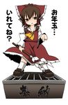  :&lt; box brown_hair donation_box gohei hair_ribbon hakurei_reimu new_year noya_makoto ribbon solo touhou translated yellow_eyes 