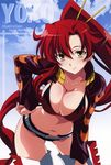  belt bent_over bikini_top blush boots breast_squeeze breasts cleavage cloud day hand_on_hip highres izumi_mahiru jacket large_breasts long_hair ponytail red_hair scan short_shorts shorts solo studded_belt tengen_toppa_gurren_lagann thigh_boots thighhighs yellow_eyes yoko_littner 