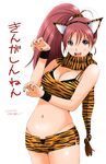  animal_ears animal_print breasts cleavage grey_eyes highres large_breasts long_hair nail_art nail_polish navel open_mouth original ponytail red_hair ryouzou scarf simple_background solo tiger_ears tiger_print 