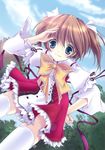  :3 absurdres blue_eyes blush bow brown_hair day hakuouin_ayaka hand_on_hip highres lens_flare princess_party scan shading_eyes short_hair solo thighhighs twintails urano_mami white_legwear 