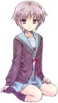  bangs face kita_high_school_uniform kneehighs nagato_yuki purple_hair school_uniform senntakuya serafuku short_hair socks solo suzumiya_haruhi_no_yuuutsu 