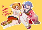  bad_id bad_pixiv_id blonde_hair blue_hair flandre_scarlet japanese_clothes multiple_girls pantarou red_eyes remilia_scarlet sarashi short_hair siblings side_ponytail sisters touhou 