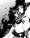  armpits breasts crop_top detached_sleeves drill_hair dudou fingerless_gloves gloves greyscale halter_top halterneck han_juri hyocorou medium_breasts midriff monochrome navel short_hair sideboob solo street_fighter street_fighter_iv_(series) toned twin_drills 