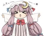  &gt;_&lt; :3 bad_id bad_pixiv_id blush_stickers chibi closed_eyes crescent hat long_hair mukyuu open_mouth patchouli_knowledge purple_hair ribbon solo tefun_(tehun) touhou v-shaped_eyebrows x3 