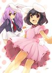  absurdres animal_ears bad_id bad_pixiv_id black_hair bunny_ears bunny_tail dress gum_(vivid_garden) highres inaba_tewi jewelry long_hair multiple_girls pendant purple_hair red_eyes reisen_udongein_inaba short_hair tail touhou 