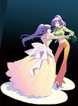  blush breasts cleavage dancer dancing doseki_udon dress dual_persona faris_scherwiz final_fantasy final_fantasy_v green_eyes large_breasts long_hair midriff multiple_girls one_eye_closed ponytail purple_hair sarisa_highwind_tycoon time_paradox 