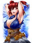  armpits arms_up bad_id bad_pixiv_id breasts cleavage coin fang hair_bobbles hair_ornament huge_breasts no_bra onozuka_komachi ootsuki_wataru red_eyes red_hair short_hair solo touhou two_side_up 