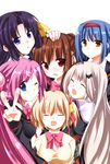  bad_id bad_pixiv_id black_hair blue_eyes blue_hair bow brown_eyes brown_hair closed_eyes highres kamikita_komari kurugaya_yuiko little_busters! long_hair multiple_girls natsume_rin nishizono_mio noumi_kudryavka pink_bow ponytail purple_hair red_eyes saigusa_haruka school_uniform shino_(sosuketo) short_hair side_ponytail 