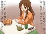  brown_eyes brown_hair christmas_cake chunpai controller cup food fruit glasses k-on! kettle kotatsu lonely long_hair mandarin_orange mug remote_control solo table tears translated yamanaka_sawako 