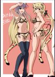  2girls ;d ahoge alternate_hair_length alternate_hairstyle animal_ears animal_print arm_up armpits ass back bangs bikini black_legwear blonde_hair blue_hair blush bow breasts brown_eyes cleavage covered_nipples dated frame from_behind gradient_hair hair_bow hand_on_hip hand_on_own_head hands_together high_heels hijiri_byakuren kemonomimi_mode kneepits knees_touching legs long_hair long_legs looking_at_viewer looking_back low_twintails multicolored_hair multiple_girls navel new_year one_eye_closed open_mouth print_bikini red_background shadow shin'ya_(nanp) side-tie_bikini sidelocks simple_background small_breasts smile standing swimsuit tail thighhighs tiger_ears tiger_print tiger_tail toramaru_shou touhou twintails underboob very_long_hair wide_hips yellow_bikini yellow_eyes 